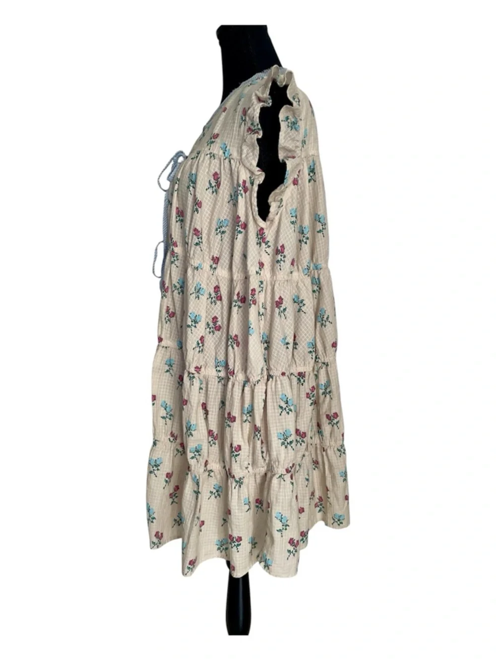 Free People Bohemian Prairie Sundown Mini Dress Tunic Floral Ivory Combo Large